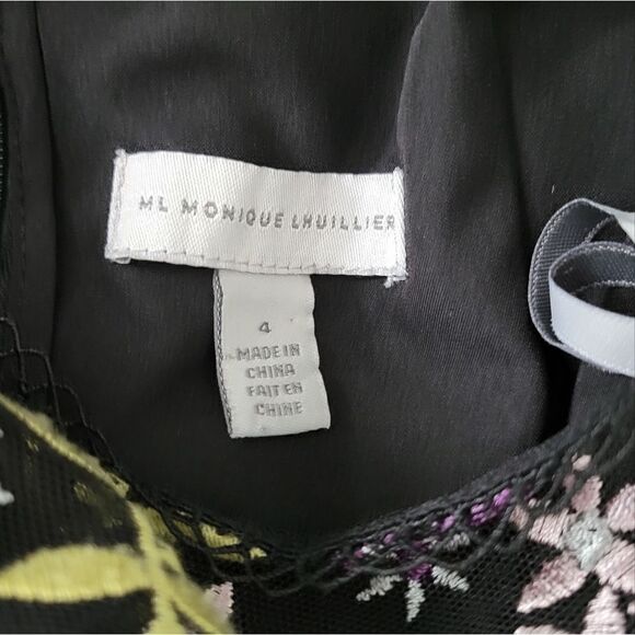 Monique Lhullier Flutter Sleeve Floral Embroidered Cocktail Dress Size 4 Black - Picture 4 of 10